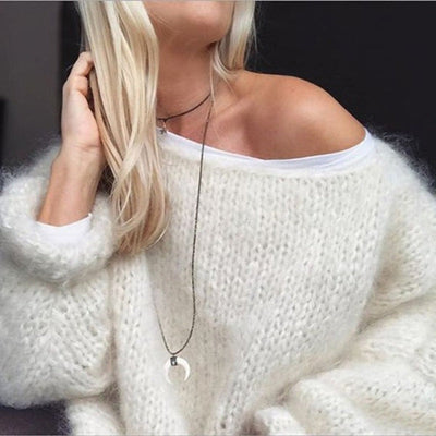 Knitted Sweater - Boat Neck - Chunky - Oversized Jumper - Women's Knitwear-Grace Aura
