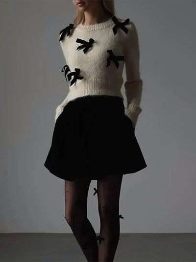 Knitted Sweater | Bowtie | White | Knit Jumper | Women's Knitwear-Grace Aura