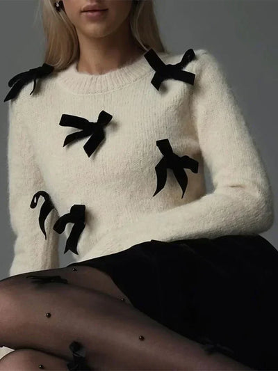 Knitted Sweater | Bowtie | White | Knit Jumper | Women's Knitwear-Grace Aura