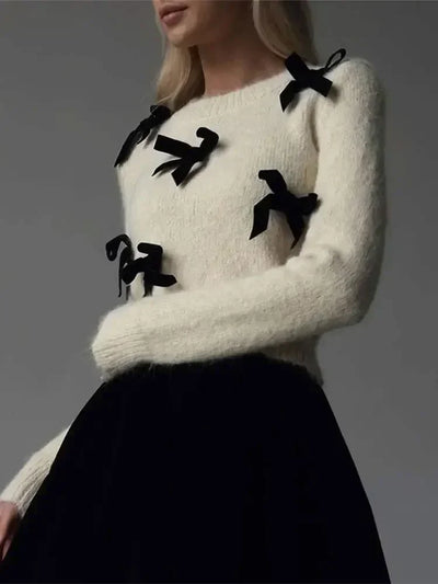 Knitted Sweater | Bowtie | White | Knit Jumper | Women's Knitwear-Grace Aura