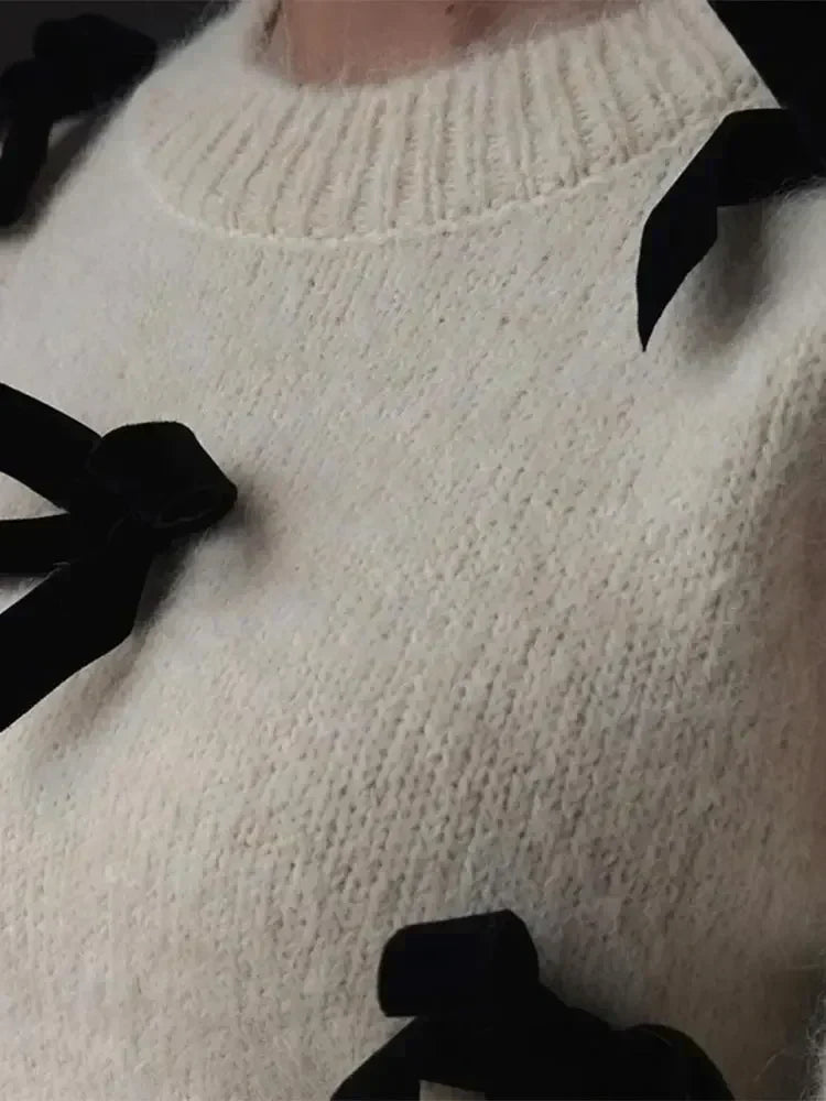 Knitted Sweater | Bowtie | White | Knit Jumper | Women's Knitwear-Grace Aura