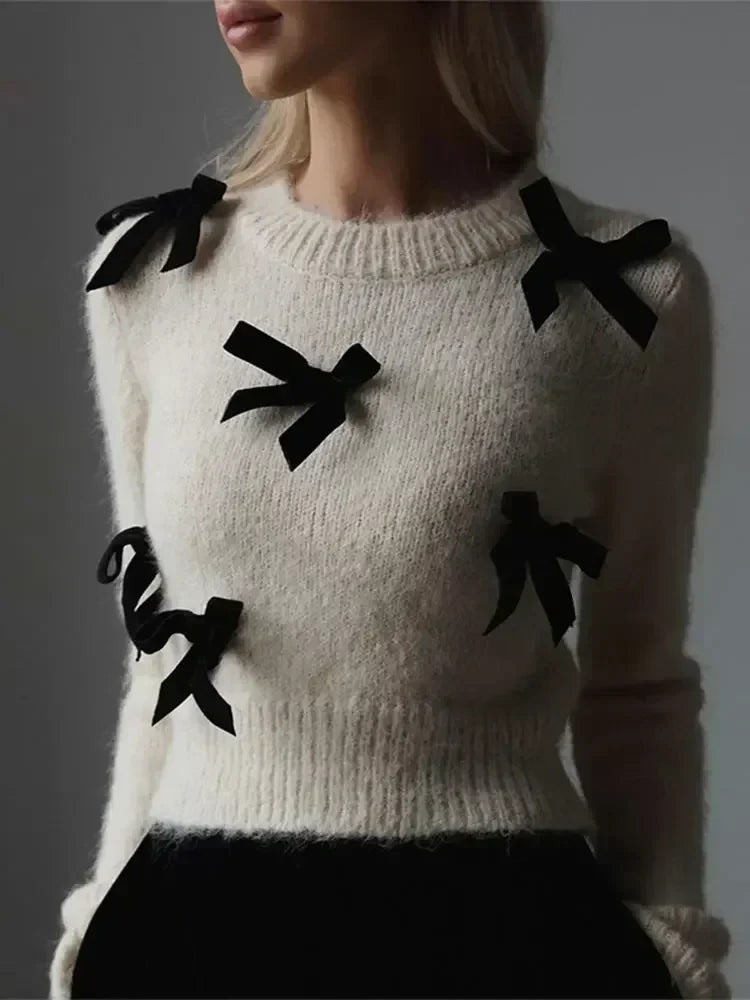 Knitted Sweater | Bowtie | White | Knit Jumper | Women's Knitwear-Grace Aura