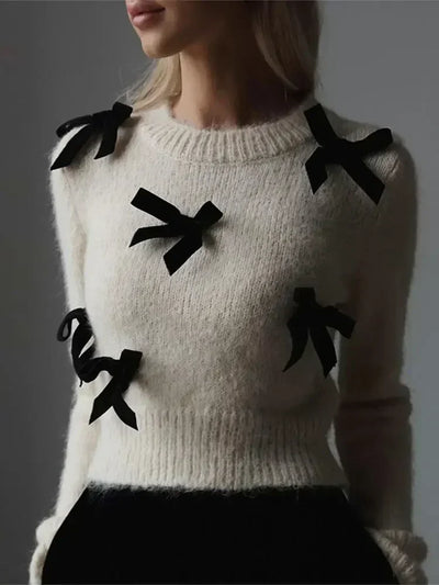 Knitted Sweater | Bowtie | White | Knit Jumper | Women's Knitwear-Grace Aura
