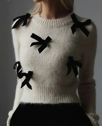 Knitted Sweater | Bowtie | White | Knit Jumper | Women's Knitwear-Grace Aura