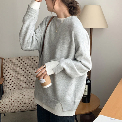 Knitted Sweater - Light Gray - Loose Fit - Oversized Pullover - Women's Clothing-Grace Aura