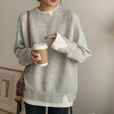 Knitted Sweater - Light Gray - Loose Fit - Oversized Pullover - Women's Clothing-Grace Aura