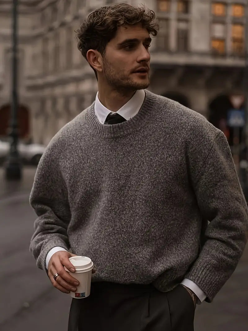 Knitted Sweater - Men's Relaxed Fit Round Neck Pullover Jumper-Grace Aura