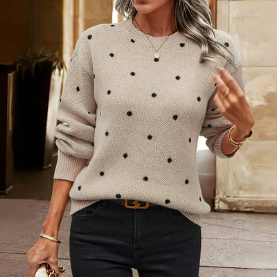 Knitted Sweater - Polka Dot - Relaxed Fit - Round Neck Jumper - Women's Knitwear-Grace Aura