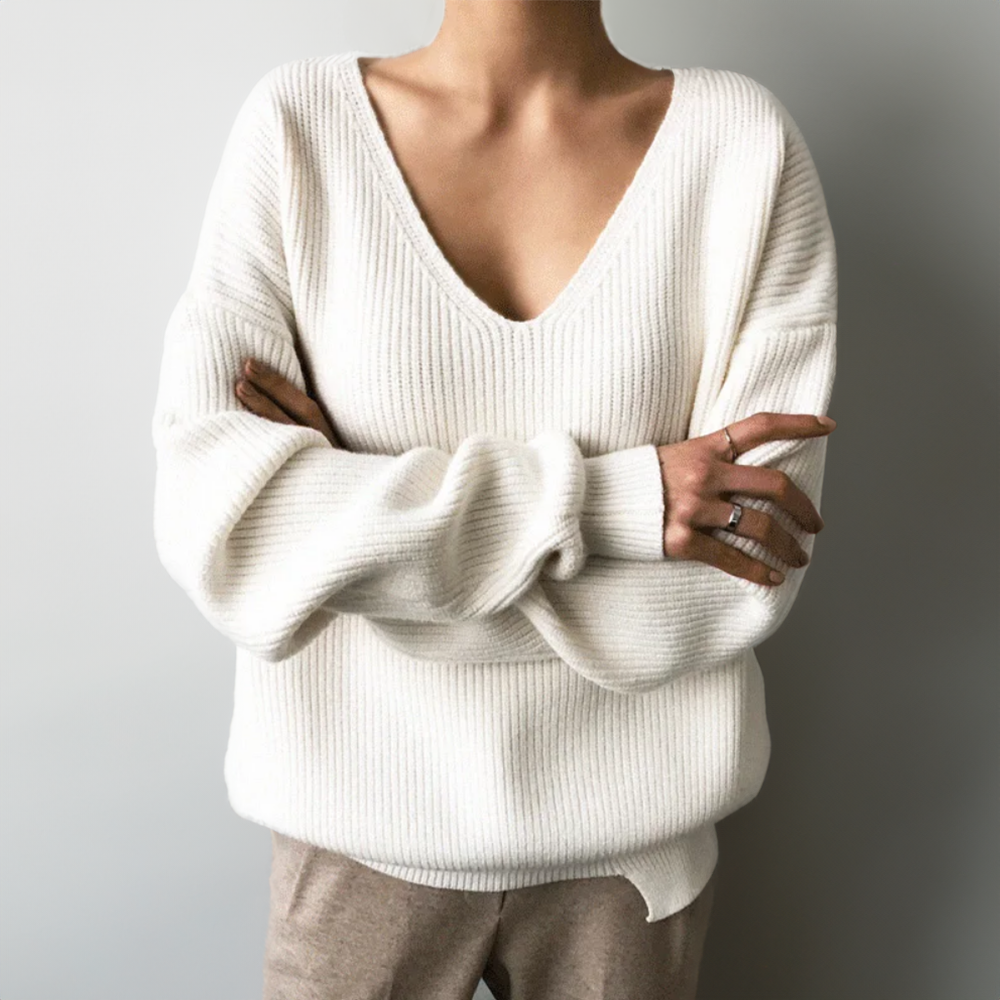 Knitted Sweater - Women's Relaxed Fit Rib Knit V-Neck Jumper-Grace Aura