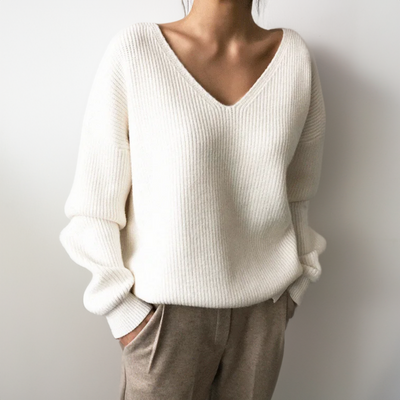 Knitted Sweater - Women's Relaxed Fit Rib Knit V-Neck Jumper-Grace Aura