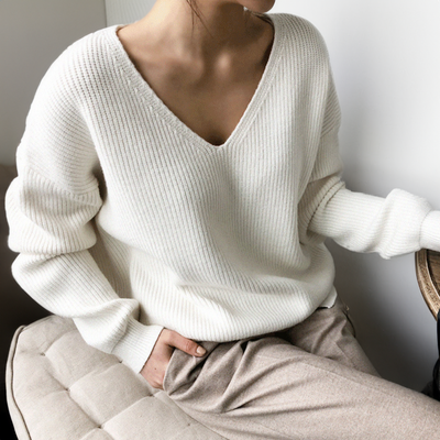 Knitted Sweater - Women's Relaxed Fit Rib Knit V-Neck Jumper-Grace Aura