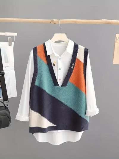 Knitted Vest - Women's Loose Fit V-Neck Sweater Vest-Grace Aura