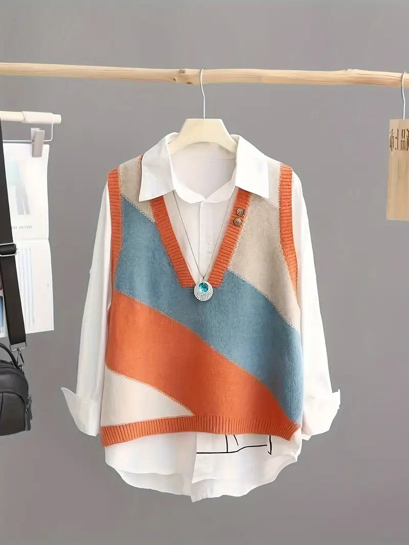 Knitted Vest - Women's Loose Fit V-Neck Sweater Vest-Grace Aura