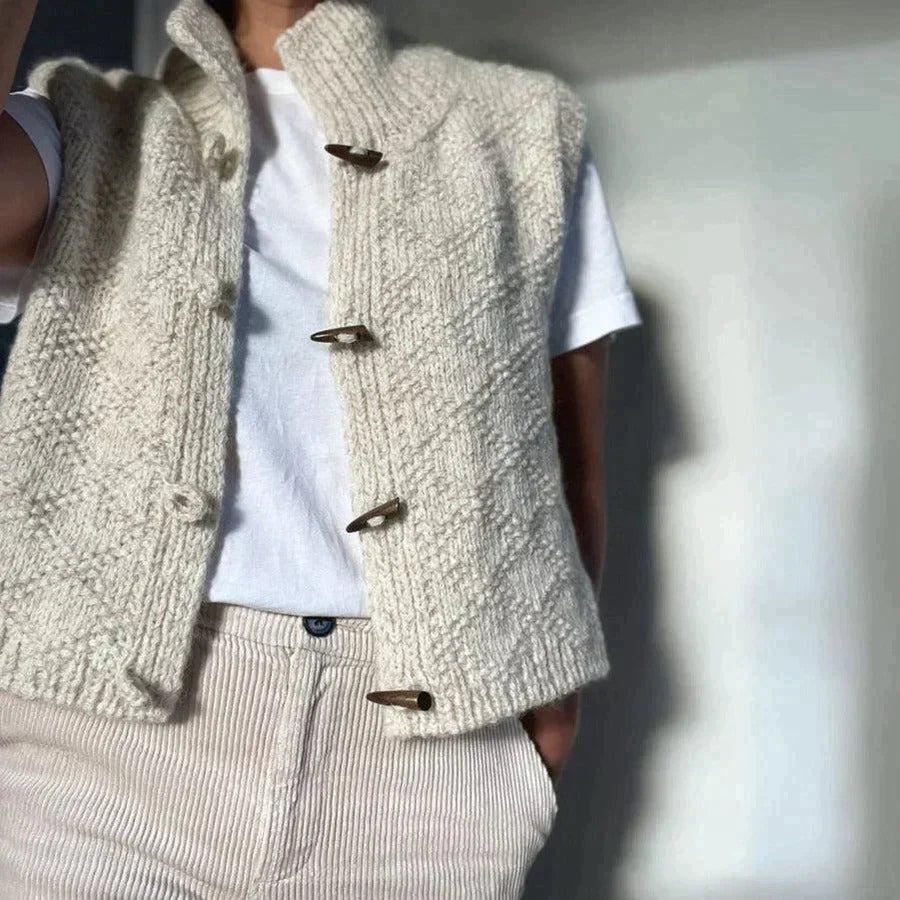 Knitted Vest - Women's Warm Beige Button-Up Cardigan Vest-Grace Aura