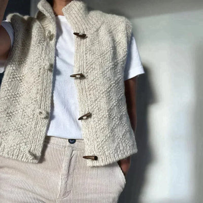 Knitted Vest - Women's Warm Beige Button-Up Cardigan Vest-Grace Aura