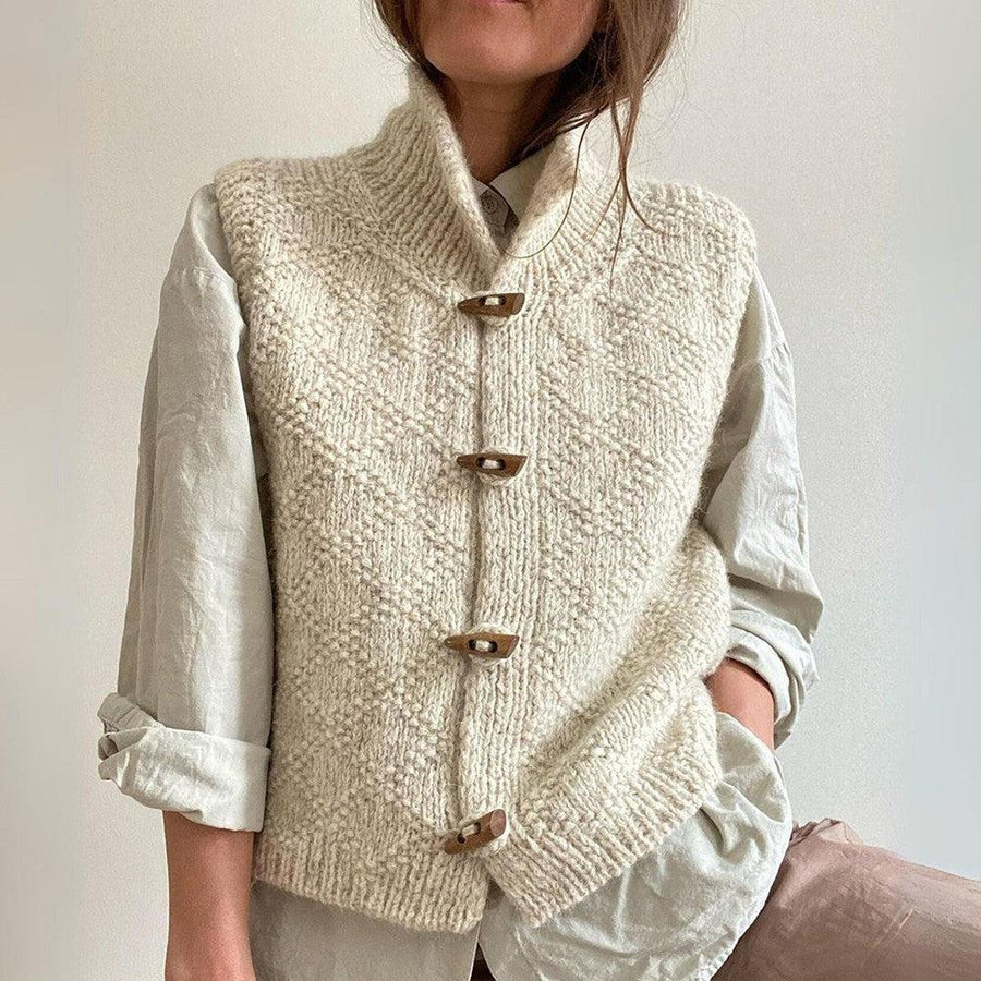 Knitted Vest - Women's Warm Beige Button-Up Cardigan Vest-Grace Aura