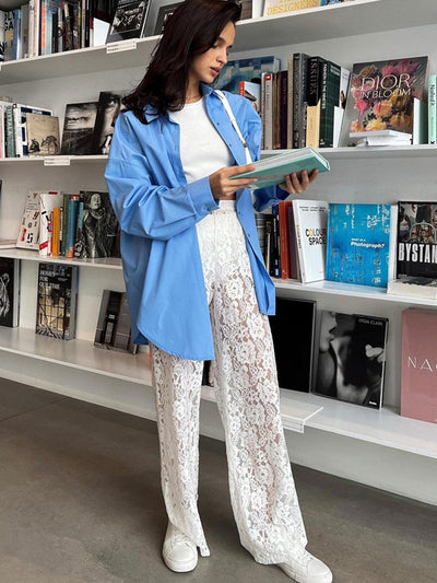Lace Trousers - High Waist - Wide Leg - See Through Lace Pants - Women's Trousers-Grace Aura