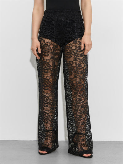 Lace Trousers - High Waist - Wide Leg - See Through Lace Pants - Women's Trousers-Grace Aura