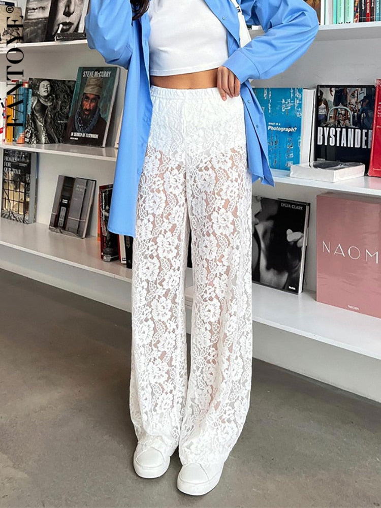 Lace Trousers - High Waist - Wide Leg - See Through Lace Pants - Women's Trousers-Grace Aura