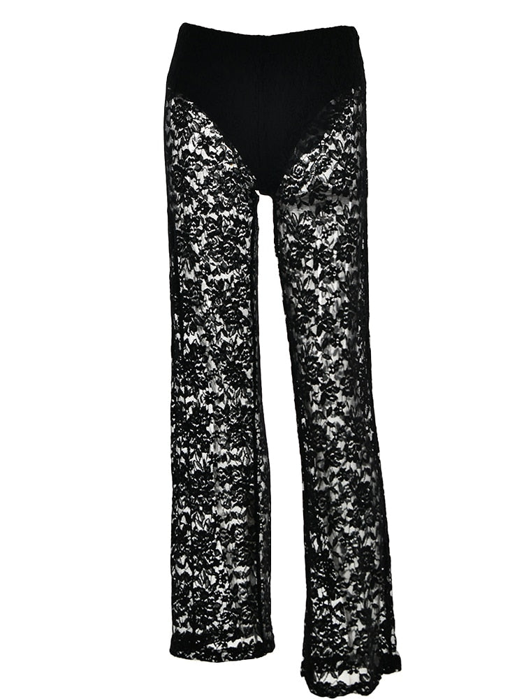 Lace Trousers - High Waist - Wide Leg - See Through Lace Pants - Women's Trousers-Grace Aura