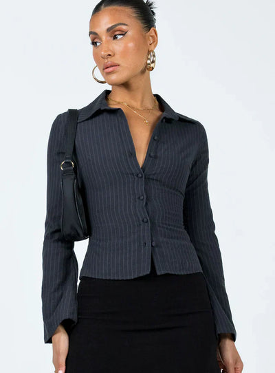 Ladies Button-Up Shirt - Striped - Bell Sleeve - Blouse - Women's Shirts-Grace Aura