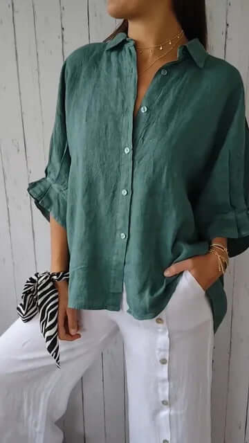 Ladies Linen Shirt | Loose Fit | Long Sleeve | Button-Up Shirt | Linen Shirts Women-Grace Aura