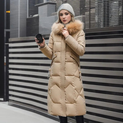 Ladies Long Puffer Jacket - Fur Collar - Padded - Winter Jacket - Womens Long Overcoat-Grace Aura