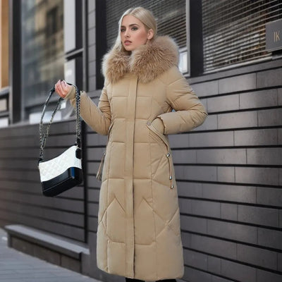 Ladies Long Puffer Jacket - Fur Collar - Padded - Winter Jacket - Womens Long Overcoat-Grace Aura
