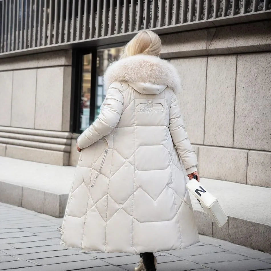 Ladies Long Puffer Jacket - Fur Collar - Padded - Winter Jacket - Womens Long Overcoat-Grace Aura