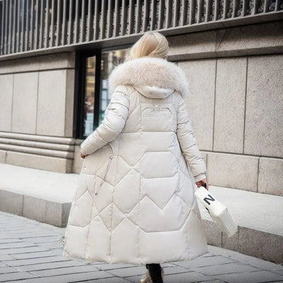 Ladies Long Puffer Jacket - Fur Collar - Padded - Winter Jacket - Womens Long Overcoat-Grace Aura
