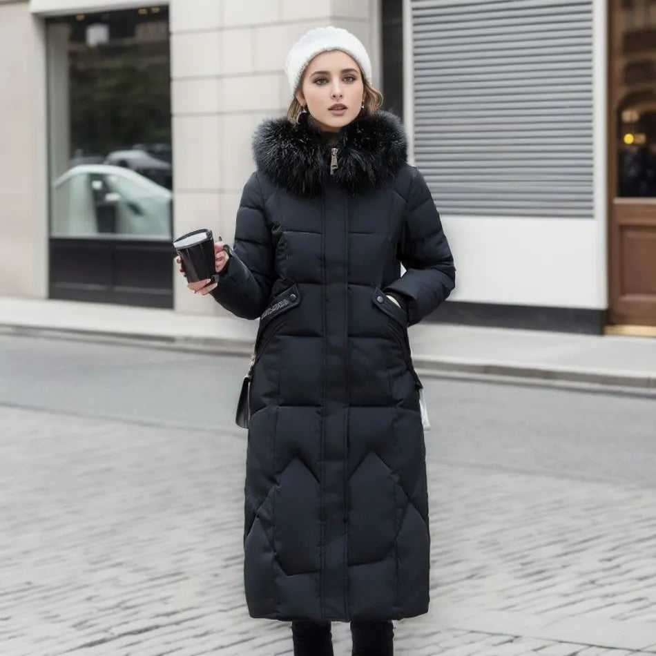 Ladies Long Puffer Jacket - Fur Collar - Padded - Winter Jacket - Womens Long Overcoat-Grace Aura