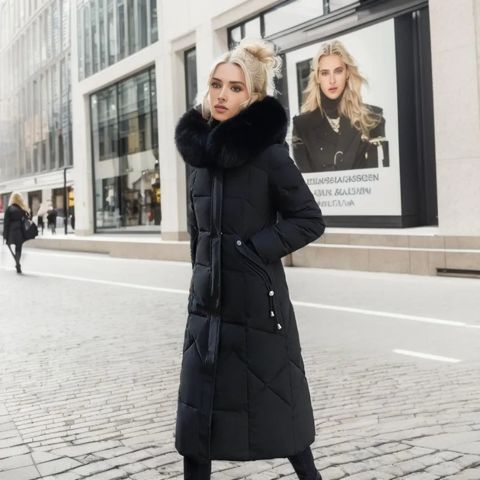 Ladies Long Puffer Jacket - Fur Collar - Padded - Winter Jacket - Womens Long Overcoat-Grace Aura