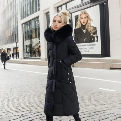 Ladies Long Puffer Jacket - Fur Collar - Padded - Winter Jacket - Womens Long Overcoat-Grace Aura