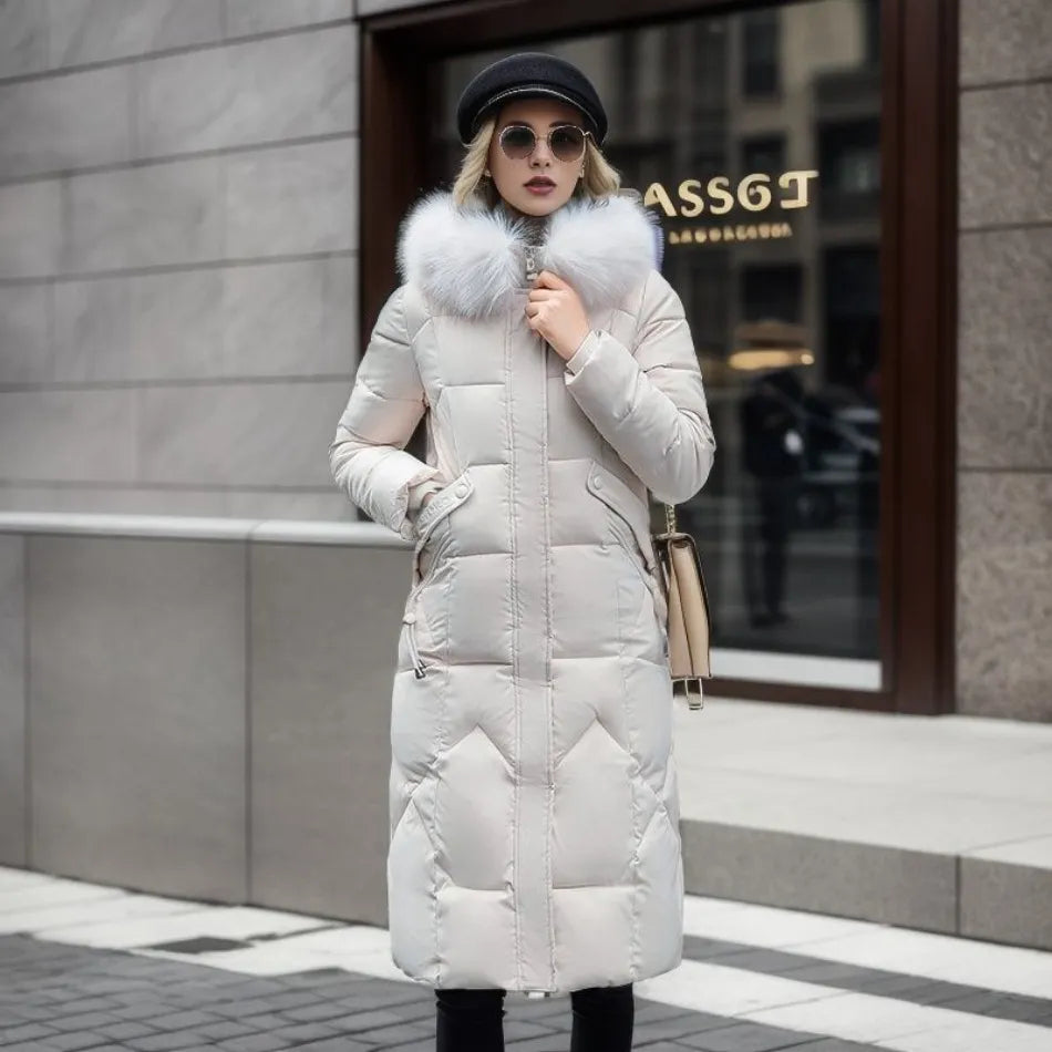 Ladies Long Puffer Jacket - Fur Collar - Padded - Winter Jacket - Womens Long Overcoat-Grace Aura
