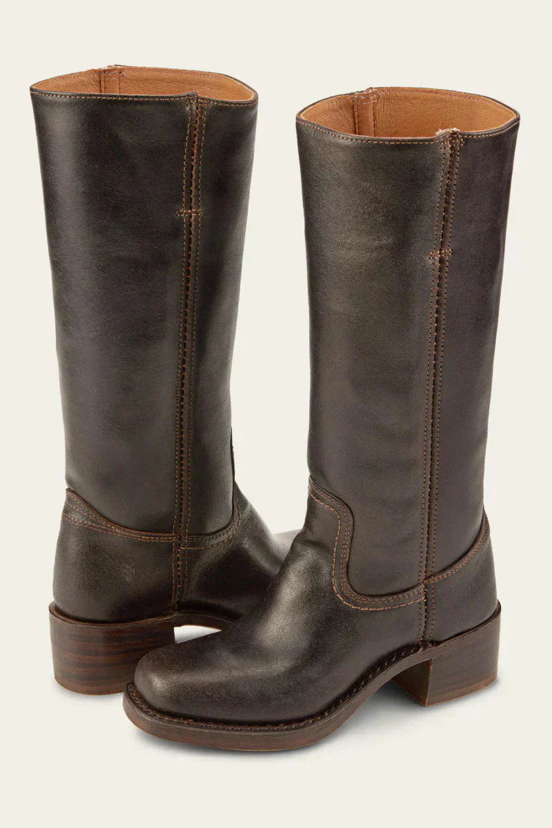 Leather Boots - Low Heel - Slip-On - Knee High Boots - Women's Boots-Grace Aura