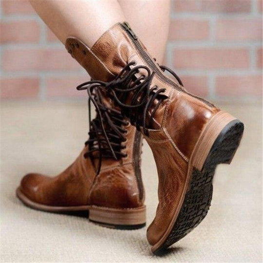 Leather Boots - Women's Flat Boho Mid Calf Boots-Grace Aura