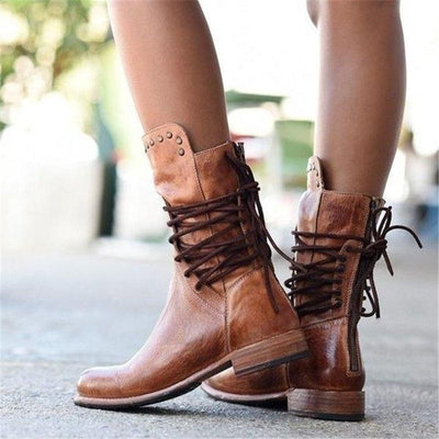 Leather Boots - Women's Flat Boho Mid Calf Boots-Grace Aura