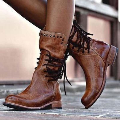 Leather Boots - Women's Flat Boho Mid Calf Boots-Grace Aura