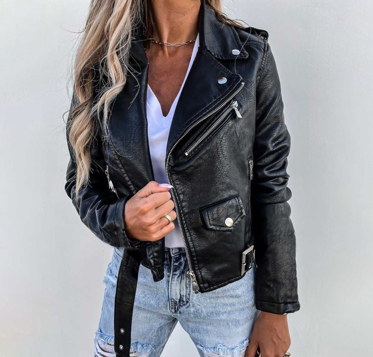 Leather Jacket | Belt | Zip-Up | Biker Jacket | Women's Leather Jacket -Grace Aura