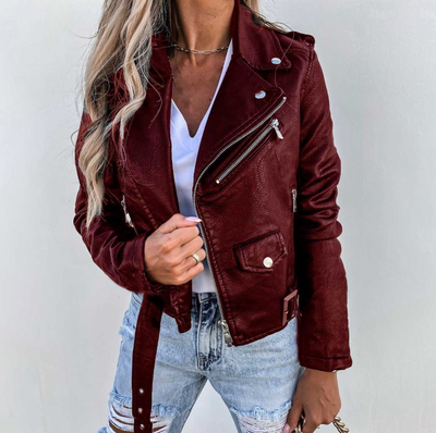 Leather Jacket | Belt | Zip-Up | Biker Jacket | Women's Leather Jacket -Grace Aura