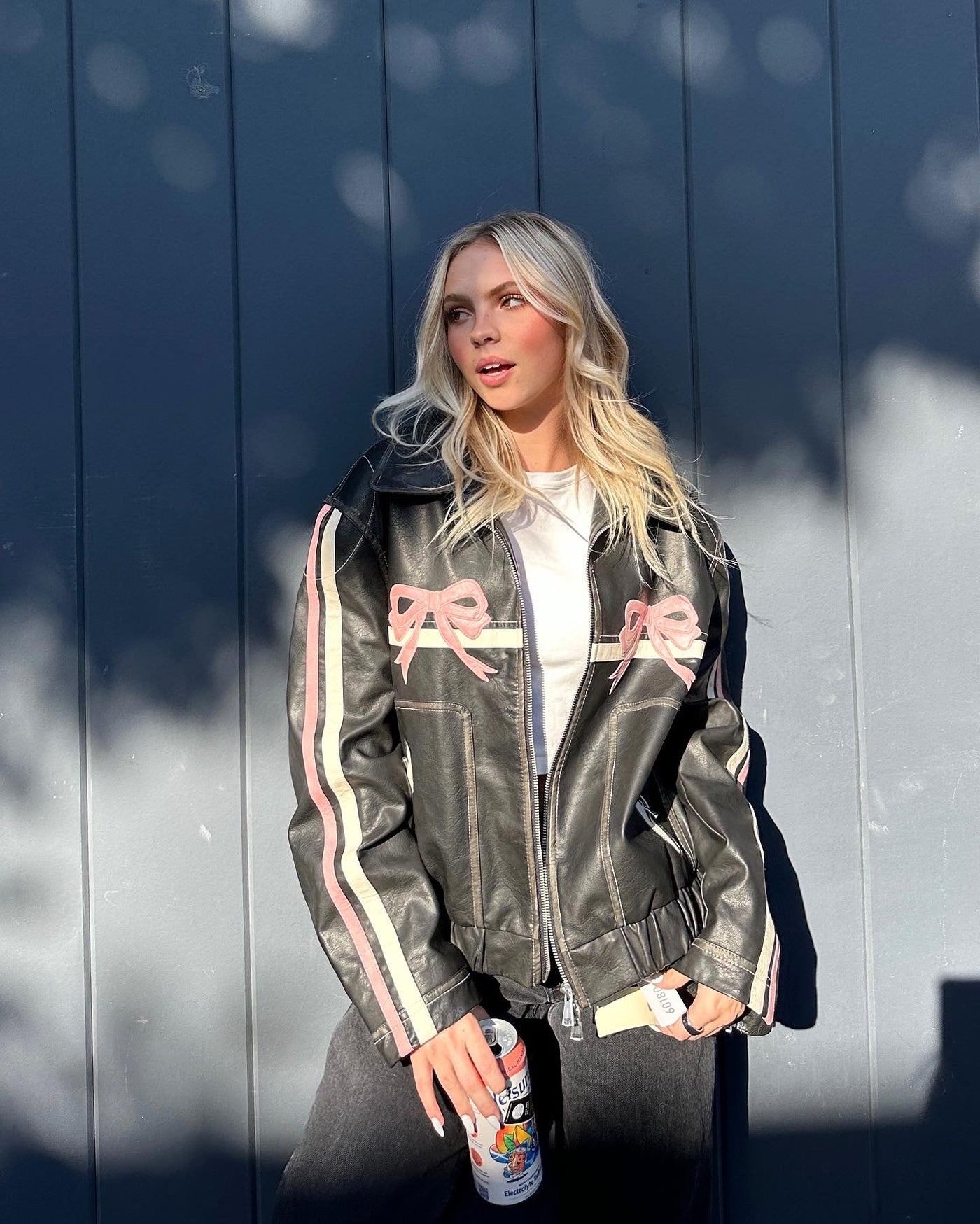 Leather Jacket - Bow Print - Retro - Biker Jacket - Women's Leather Jacket -Grace Aura