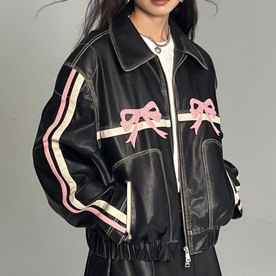 Leather Jacket - Bow Print - Retro - Biker Jacket - Women's Leather Jacket -Grace Aura