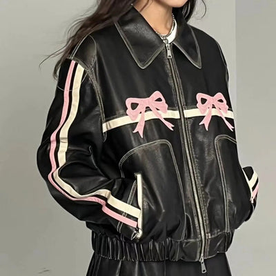 Leather Jacket - Bow Print - Retro - Biker Jacket - Women's Leather Jacket -Grace Aura