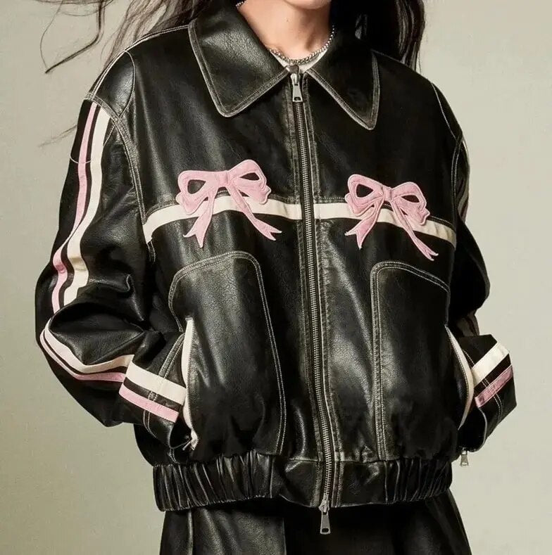 Leather Jacket - Bow Print - Retro - Biker Jacket - Women's Leather Jacket -Grace Aura