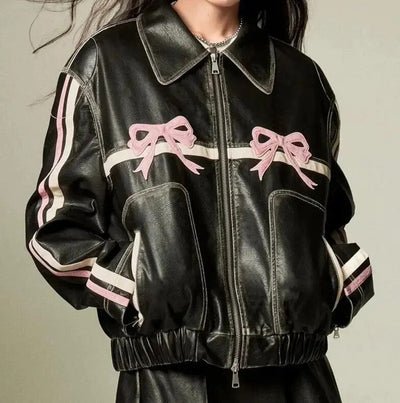 Leather Jacket - Bow Print - Retro - Biker Jacket - Women's Leather Jacket -Grace Aura