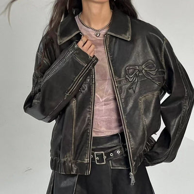 Leather Jacket - Bow Print - Retro - Biker Jacket - Women's Leather Jacket -Grace Aura