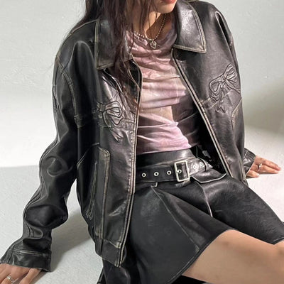 Leather Jacket - Bow Print - Retro - Biker Jacket - Women's Leather Jacket -Grace Aura