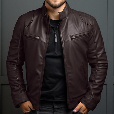 Leather Jacket - Men's Classic Black and Brown Zip-Up Leather Jacket-Grace Aura