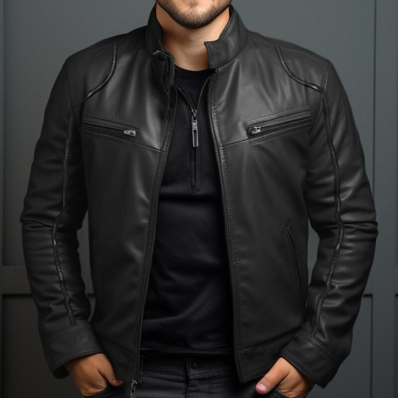 Leather Jacket - Men's Classic Black and Brown Zip-Up Leather Jacket-Grace Aura