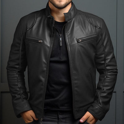 Leather Jacket - Men's Classic Black and Brown Zip-Up Leather Jacket-Grace Aura